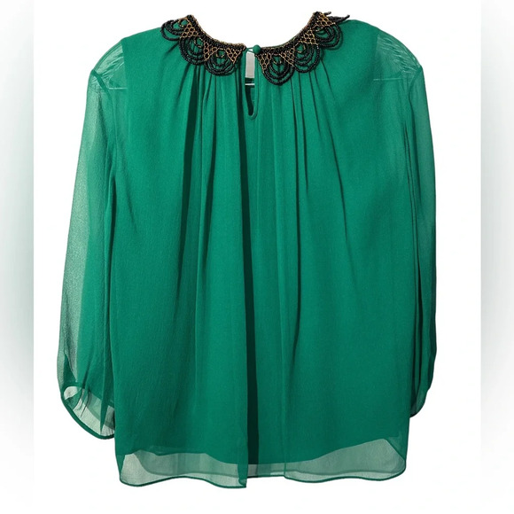 3.1 Phillip Lim Green Silk Chiffon Blouse Beaded Collar Size 6 - Picture 2 of 6